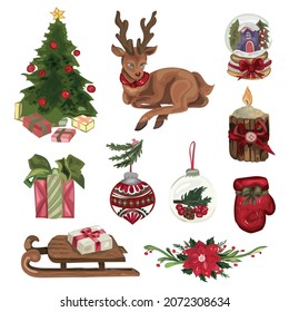 Christmas decorative elements set. Vector Illustrations on a white background