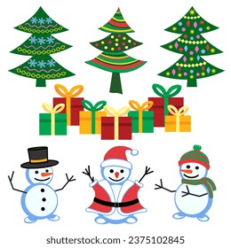 Christmas decorative elements such as Christmas tree, gift boxes and snowman. Collection of vector art, icon set.