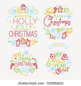 Christmas decorative elements for winter holidays in flat style, drawing by color lines