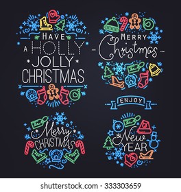 Christmas decorative elements for winter holidays in flat and neon style,drawing by color lines on black background