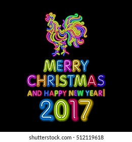 Christmas decorative elements for winter holidays in flat and neon style,drawing by color lines on black background