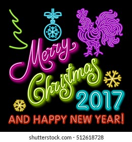 Christmas decorative elements for winter holidays in flat and neon style,drawing by color lines on black background art