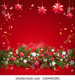 Christmas decorative evergreen branches border and stars. Festive decorative banner