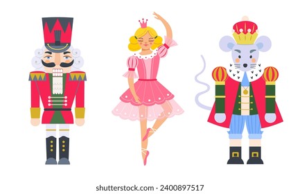 Christmas decorative fairy tale greeting set for holiday design: nutcracker, ballerina, mouse king. Vector illustration on white isolated background.