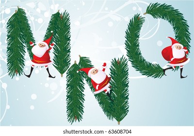 Christmas decorative fir-tree ABC with funny Santas. Letters M, N, O. Vector.