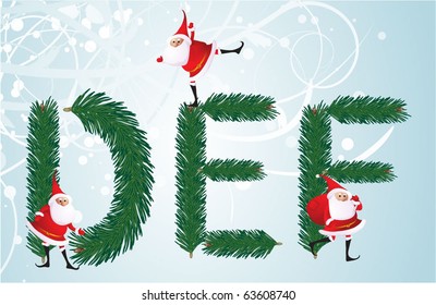 Christmas decorative fir-tree ABC with funny Santas. Letters D, E, F. Vector.