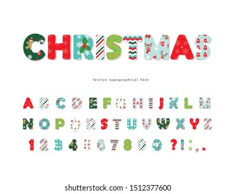 Christmas decorative font. All patterns are full under clipping mask. Vector illustration.