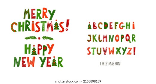 Tipo de letra decorativo de Navidad. Cartas mayúsculas. Feliz Navidad feliz año nuevo. Para afiches, carteles, tarjetas de felicitación. Ilustración del vector