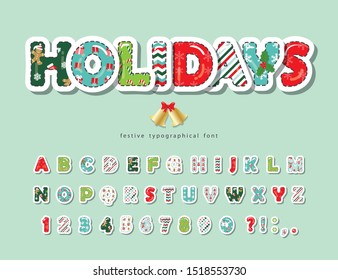 Christmas decorative font. Scrapbook paper cut out with stitching. All patterns are full under clipping mask. For posters, banners, greeting cards. Vector illustration