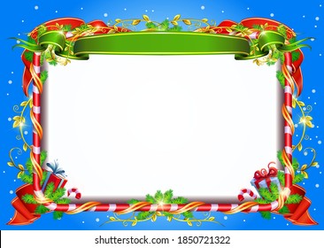 Christmas decorative frame for design. Red and green ribbons with spruce branches twine around the caramel frame.