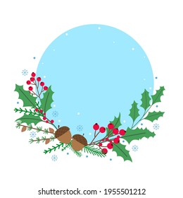 Christmas decorative frame with different winter plants.  Round blue frame designe template. Vector illustration isolated on white background.