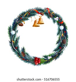 Christmas decorative frame. Christmas and new year decoration: wreath with bell and garlands.