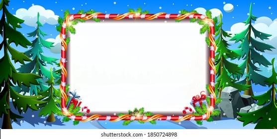 Christmas decorative frame on the background of the winter forest. Festive ribbons, fir branches, caramel and gifts.