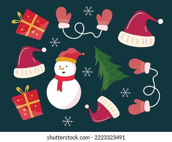 Christmas decorative with funny Santa Claus, tree, and gift boxes and many others for merry christmas event