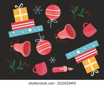 Christmas decorative with funny Santa Claus, tree, and gift boxes and many others for merry christmas event