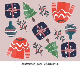 Christmas decorative with funny Santa Claus, tree, and gift boxes and many others for merry christmas event