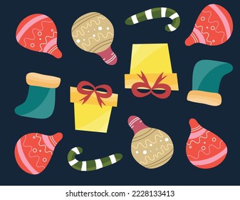 Christmas decorative with funny Santa Claus, tree, and gift boxes and many others for merry christmas event
