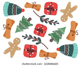Christmas decorative with funny Santa Claus, tree, and gift boxes and many others for merry christmas event