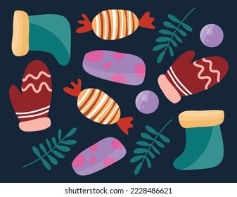 Christmas decorative with funny Santa Claus, tree, and gift boxes and many others for merry christmas event