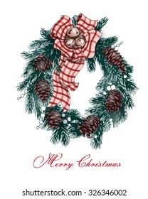 Christmas  Decorative Holiday Wreath With Pine Boughs And A Bow  Over White Background. Vector Illustration