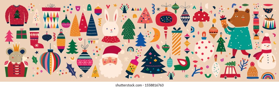 Christmas decorative huge collection with incredible Christmas elements. Christmas colorful decorative collection in vintage style with cute bunny, king mouse, Snowman and funny Santa Claus