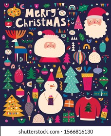 Christmas decorative illustration with incredible characters in vintage style