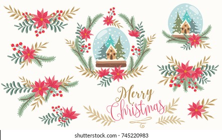 Christmas Decorative Illustration With Snow Globe, Herbs, Wreath And Flowers. Christmas Vector Illustration.