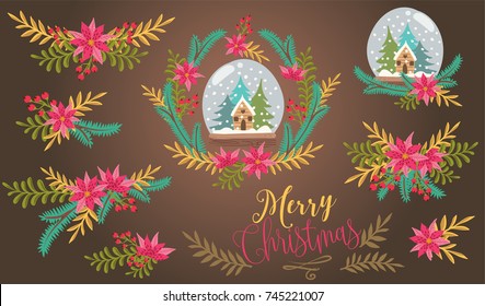 Christmas decorative illustration with snow globe, herbs, wreath and flowers. Christmas vector illustration.