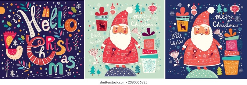 Christmas decorative illustrations with Santa Claus, bird and gift boxes in vintage style. Greeting Christmas cards