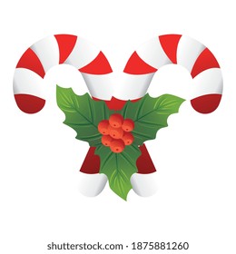 christmas decorative leafs with canes vector illustration design