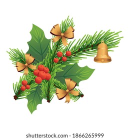 christmas decorative leafs with golden bells and ribbons vector illustration design