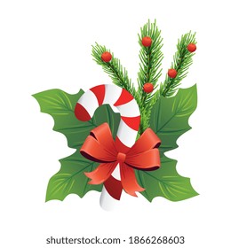 christmas decorative leafs with sweet cane vector illustration design