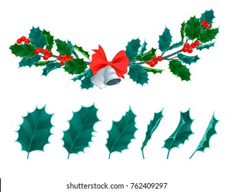 Christmas decorative leaves holly and branches with red berries evergreen winter flower floral plant vector illustration