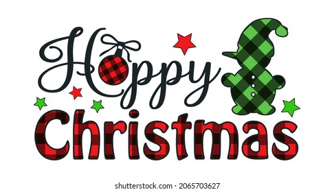 Christmas decorative lettering with the words Happy Christmas and a snowman, decorated with a checkered plaid