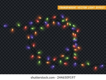 Christmas decorative light garlands. New Year's decor circular ring wreath. Realistic Xmas holiday decoration. vector illustration