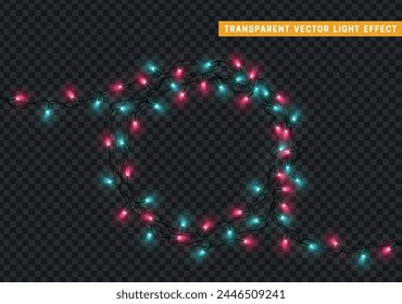 Christmas decorative light garlands. New Year's decor circular ring wreath. Realistic Xmas holiday decoration. vector illustration