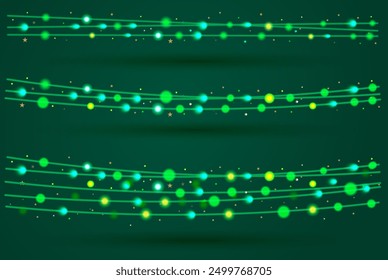 Christmas decorative light garlands set on green background. New Year's decor with glowing lights. Realistic Xmas holiday decoration. Festive light bulb. Vector illustration.