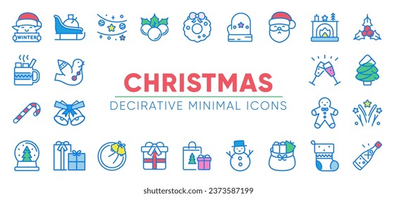 Christmas Decorative Minimal Icons Set. Vector illustrations. Seasonal Elements - Garlands, Wreath, Santa, Fireplace, Mitten, Gifts, Cookies, Christmas Tree, Bottle, Snowman.