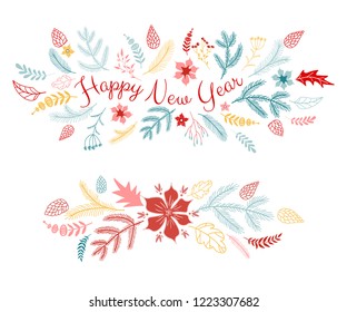 Christmas decorative pattern of plants and flowers on a white background