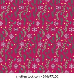 Christmas decorative plant seamless pattern. Plants with Christmas symbols.  Hand drawing. Seamless pattern for fabric, paper and other printing and web projects.