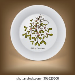 Christmas decorative plate with branch of mistletoe. Vector illustration