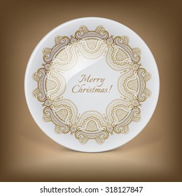 Christmas decorative plate with circular lace pattern. Vector illustration