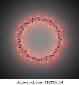 Christmas decorative realistic garland with shiny  glowing lights, round frame, isolated on transparent background, vector illustration