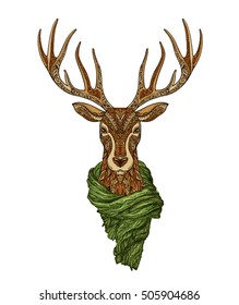 Christmas. Decorative reindeer with knitted scarf around his neck. Vector illustration