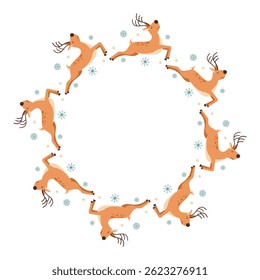 Christmas decorative round frame. Christmas deer with snowflakes in flat style. Space for text. Round frame for invitation, card, cover, Christmas, New Year.