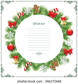 Christmas decorative round frame. Wish list template.