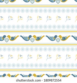 Christmas Decorative Seamless Pattern with Birds and Mountain Ash in Blue and Yellow