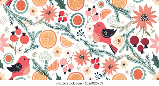 Decoración navideña sin fisuras con aves y elementos de invierno, ramas de pino, naranjas y bayas