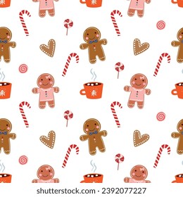 Christmas decorative seamless pattern with cute gingerbread man, candies and hot drinks, seasonal holidays background, wallpaper, gift paper