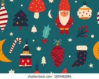 Christmas decorative seamless pattern with funny Santa Claus, vintage Christmas toys